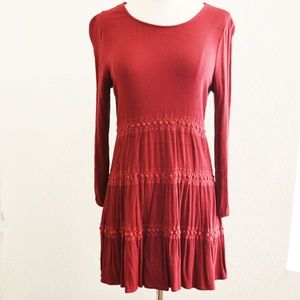 Boho Burgundy Red Long Sleeve Dress Size S